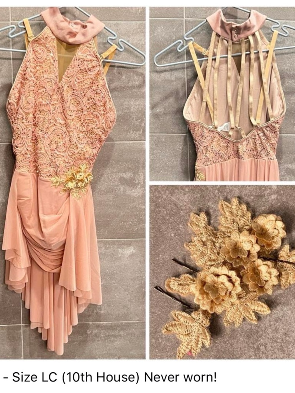 Lace Pink Dance Costume Dress with Gold Floral Accent